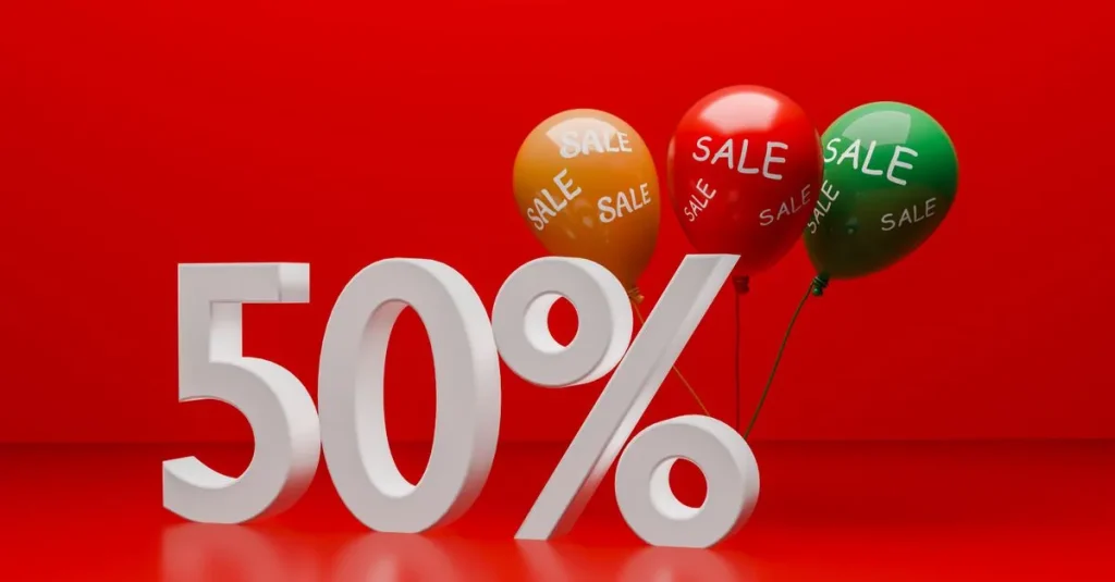 Bright red promotional image showcasing a 50% sale with balloons.