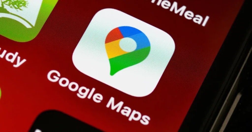 Detailed view of Google Maps app icon on a smartphone screen, showcasing digital navigation technology.